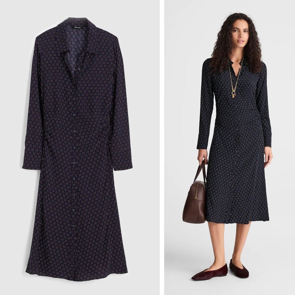New! Madewell Navy Foulard Ruched Shirt Midi Dress Size 0 23384